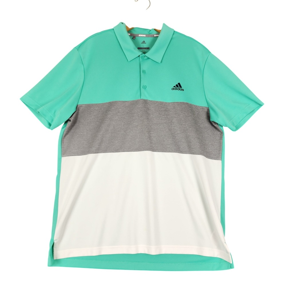 Adidas Golf‎ Polo Shirt Mens Large Color Block Aqua Gray White Short Sleeve